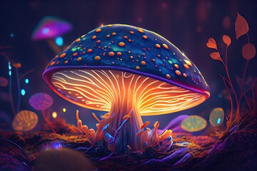 Fototapeta na wymiar Enchanting Glow: Mysterious Mushrooms in an Enchanted Forest - Up Close and Colourful. Generative AI
