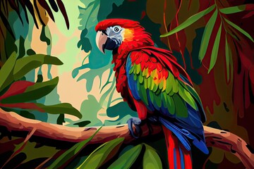 Colourful Tropical Parrot Sitting On a Branch in the Jungle Forest - Avian Nature at its Finest: Generative AI