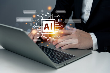 Businessman using laptop chat with AI tech concept, connecting smart robot AI, enter command prompt for generate idea, prompt engineering, futuristic technology transformation, solve problem, SEO.