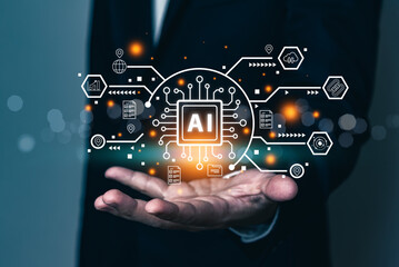 Businessman hand showing AI tech with cloud computing concept, solve problem and data management on...