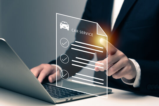 Businessman Using Laptop With AI Tech Auto Insurance Service Concept, Insurance Car Data Management, Fast Solve Problem, Car Service, Digital Transformation, Paperwork, Electronic Signature.