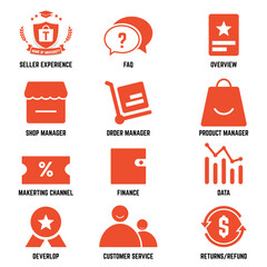 Simple set of online shop market vector icon. Commercial icons. Contains such Icons as Shop manager, data, deverlop, finance, faq...  Eps10 vector illustration.