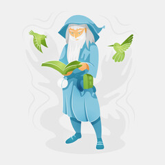 Vector flat illustration of a druid wizard with a book and birds.