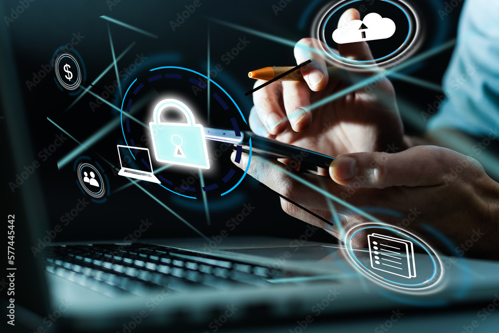 Poster cyber security and futuristic technology concept businessman using finger to touch fingerprint inter