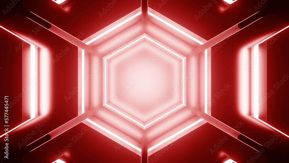 Poster kaleidoscopic neon background. design. moving inside colorful hexagonal tunnel.