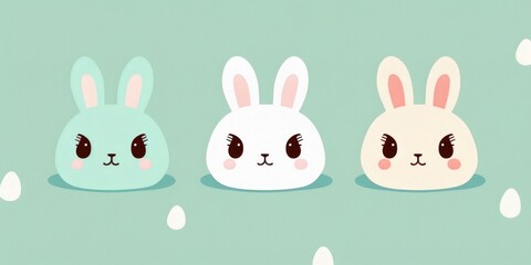 Obraz na płótnie Canvas Cute adorable Easter bunny faces pattern in holiday illustration, three funny rabbit characters heads with ears on light green pastel background. Happy Easter concept. AI generative.