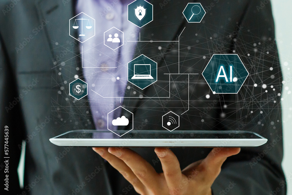 Poster artificial intelligence industry. integration computing concept. man presses brain ai gears button o