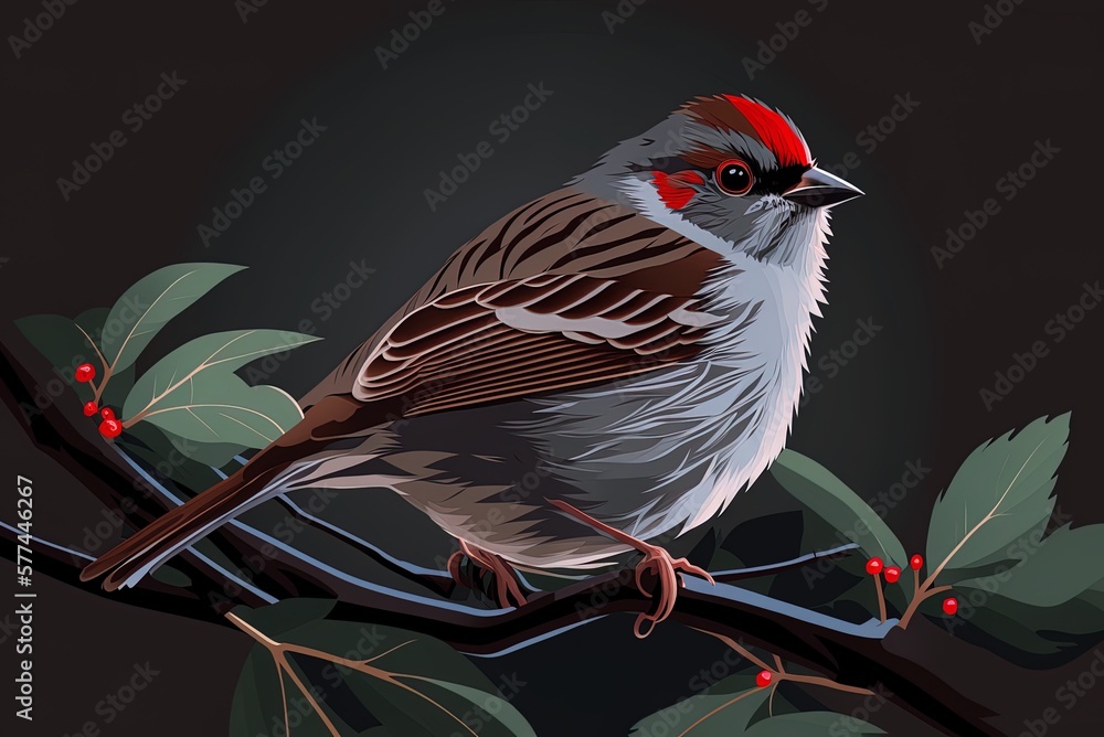 Poster red-billed sparrow in close-up on a tree limb. generative ai