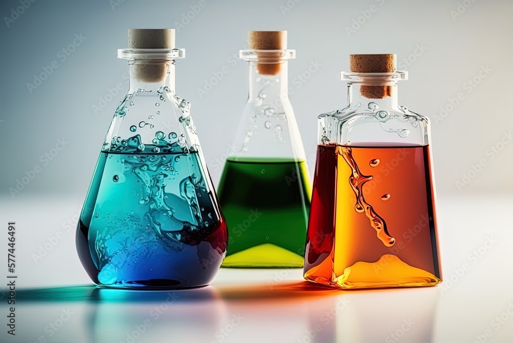Poster laboratory flasks filled with several hues of liquid sit on a white table in close-up. generative ai