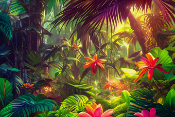 Fototapeta na wymiar Immersive and Detailed Painting of a Dense Jungle with Vivid Colors and Textures