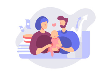 Vector illustration husband, wife and baby kid at home.