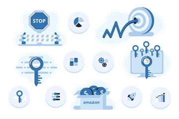Set of vector icons. Prohibition of passage, hitting the target, the key to successful sales, selling on Amazon, etc.