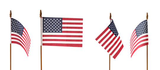 Collage of four American flags isolated on white background. USA Independence Day.
