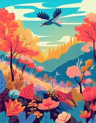 Fototapeta na wymiar very colourful art illustration of a landscape in the autumn or fall season, generative ai