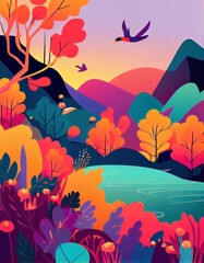 Fototapeta na wymiar very colourful art illustration of a landscape in the autumn or fall season, generative ai