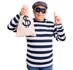 Senior handsome man wearing burglar mask holding money bag surprised with an idea or question...
