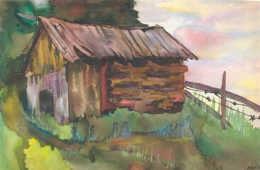 Old wooden house in the village in a summer landscape. Watercolor illustration