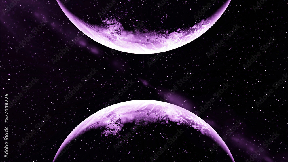 Aufkleber abstract two spinning planets in outer space. motion. purple twin rotating planets and starry cosmos
