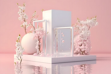 Product display podium with blossom flowers on pink background. 3D rendering made with Generative AI
