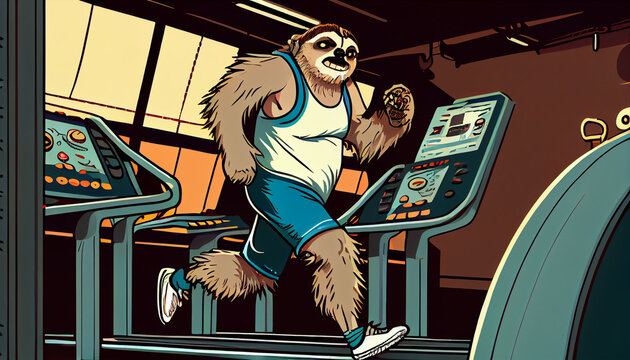 sloth animal working out, illustration to leave laziness aside and go train. created by ai technology.