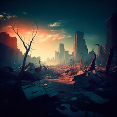 A post-apocalyptic ruined city. Destroyed buildings, destroyed roads, blown up skyscrapers. Generative AI Art