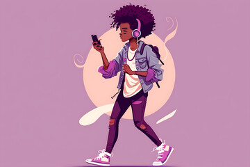 Flat vector illustration Happy cool african american teenager wearing headphones, holding mobile phone, dancing with smartphone, listening to music on mobile technology, standing isolated over lilac b