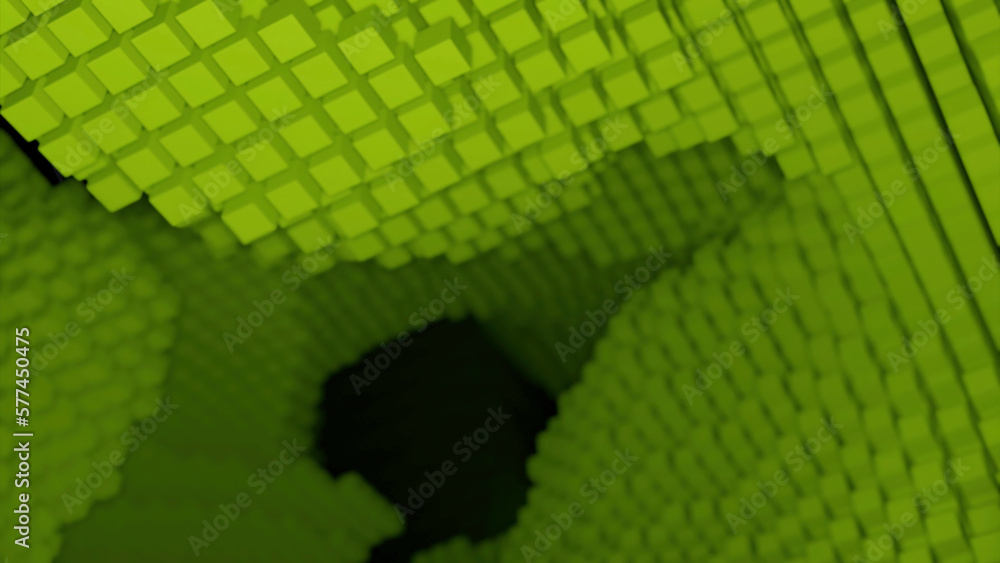 Poster abstract 3d structure of neon cubes formations flowing on a black background. design. waving texture