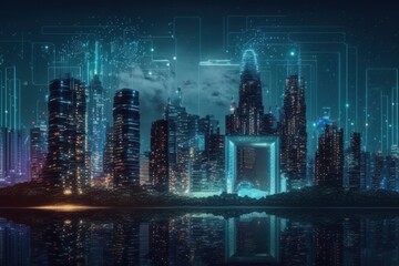 Connected smart city and big data technology concept as digital illustration (Generative AI)