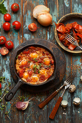 Traditional Middle Eastern dish shakshuka with quail eggs in cast iron pan on blue wooden rustic table with ingredients. Breakfast concept. Top view, flat lay