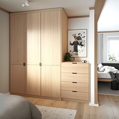 A room with a wooden cupboard.