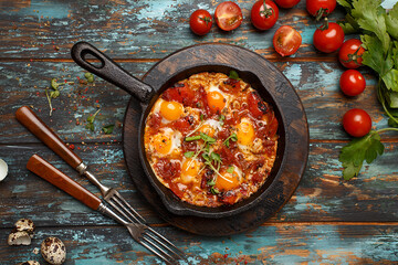 Traditional Middle Eastern dish shakshuka with quail eggs in cast iron pan on blue wooden rustic...