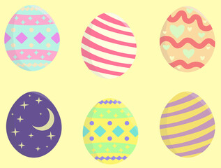set of easter decorated eggs on yellow background