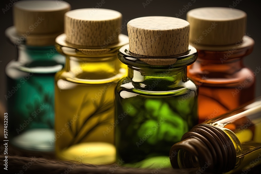 Poster image of vials of essential oils up close generative ai
