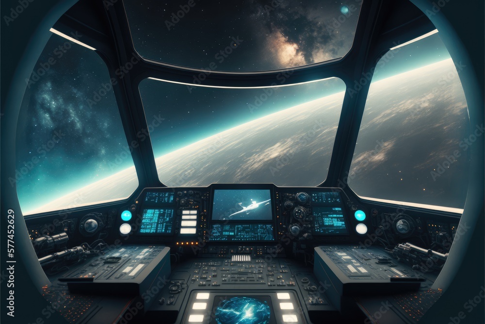 Poster outer view of spaceship window with control system room. abstract discover new planet in space. fine