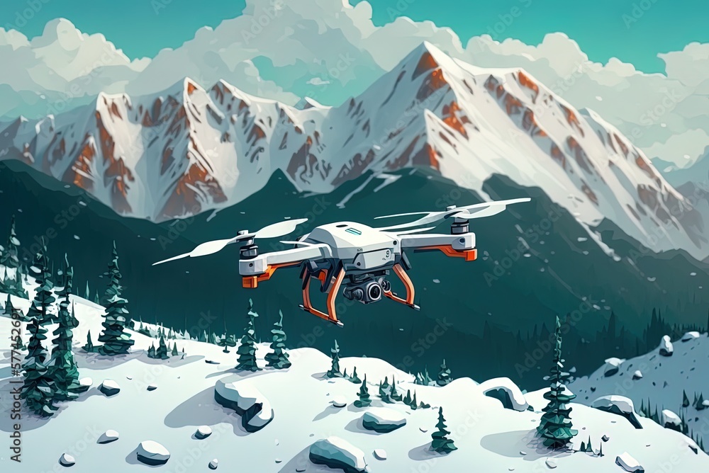 Poster drone's-eye-view of snow-capped mountains in close-up generative ai