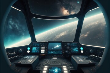 Outer view of spaceship window with control system room. Abstract discover new planet in space. Finest generative AI.