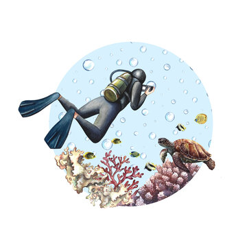 recommend clip art: The diver swims underwater at the bottom of the sea. Underwater travel. Watercolor hand drawn. Concept for label, magnet