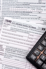 US individual Income tax return document. People have to fill the form 1040 every year to declare...