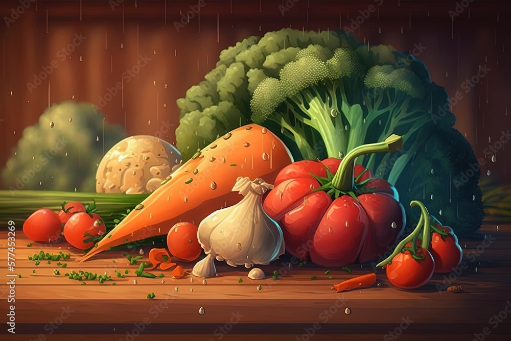 Poster top view of damp and fresh vegetables on a wooden table generative ai