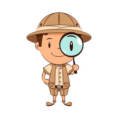 Child archaeologist holding magnifying glass