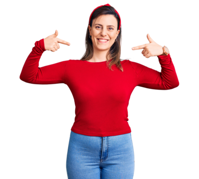 Young beautiful woman wearing casual clothes looking confident with smile on face, pointing oneself with fingers proud and happy.