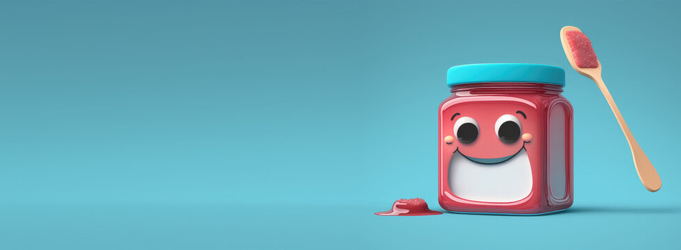 banner with empty space. Cute Cartoon happy little jar of jelly with a spoon and toast. Character with Room for Copy. Empty flat background. Generative ai.