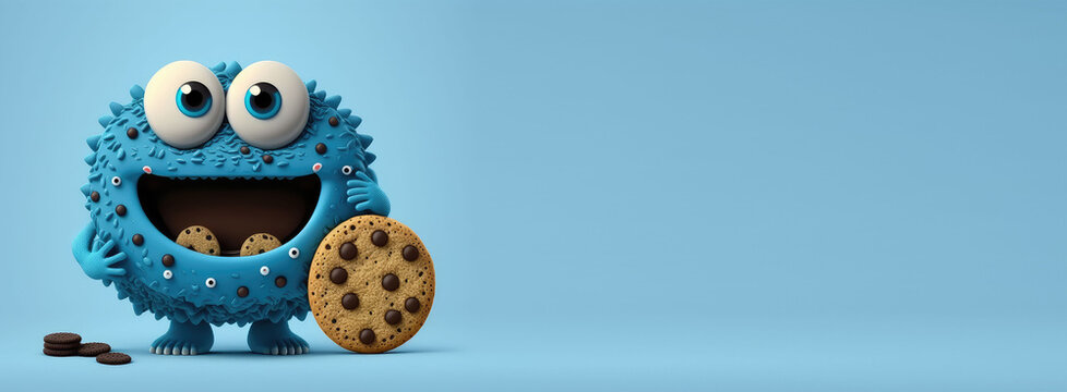 banner with empty space. Cute Cartoon happy little monster with a cookie for a body and chocolate chip eyes Character with Room for Copy. Empty flat background. Generative ai.