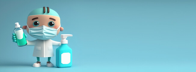 Obraz premium banner with empty space. Cute Cartoon little doctor with a surgical mask and a bottle of hand sanitizer.. Character with Room for Copy. Empty flat background. Generative ai.