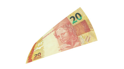 20 reais flying alone on a transparent background. Money from Brazil. 3d rendering.