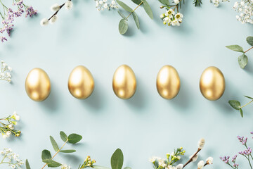 Happy Easter concept with golden easter eggs, feathers and spring flowers. Easter background , Flat lay
