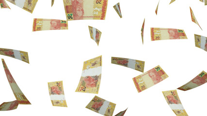 Several banknotes of money flying  on a transparent background. 20 reais. Money from Brazil. 3d rendering.