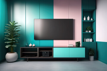 Beautiful modern living room with tasteful appliances and large TV on the wall, modern wall painting. AI generated illustration.