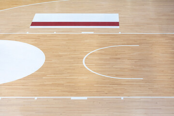 Wooden floor volleyball, basketball, badminton, futsal, handball court with light effect. Wooden floor of sports hall with marking lines line on wooden floor indoor, gym court