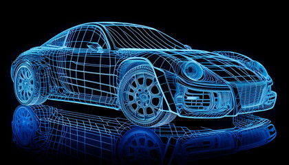 Naklejka na ściany i meble 3d generic car wireframe with black background, Digital prototype concept of car wireframe, generative ai, Augmented reality wireframe of car concept, Realistic Car Wireframe Design during development